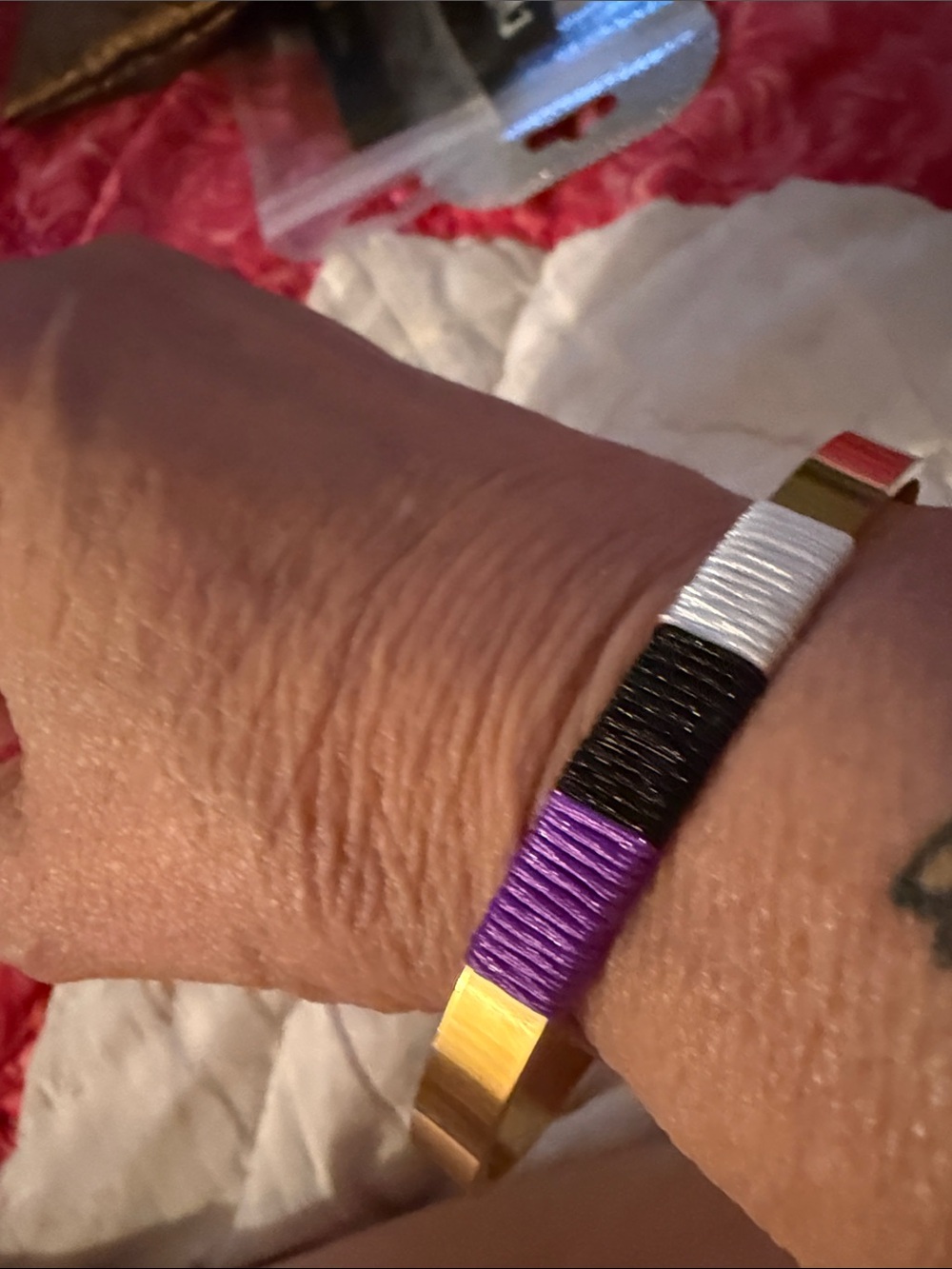 New Larger Wrist Purple, Black & White Wrapped Gold Bracelet